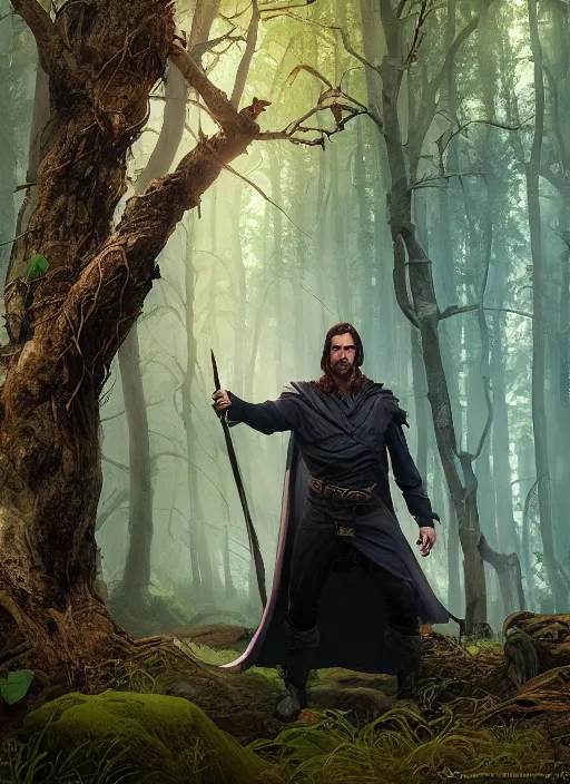 Image similar to A fantasy comic book style portrait painting of Christian Bale as a mage in a stunning forest landscape, unreal 5, DAZ, hyperrealistic, octane render, RPG portrait, dynamic lighting