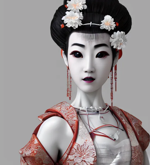 Image similar to portrait of a beautiful japanese robotic geisha with wires and actuators, porcelain white face, dramatic lighting, hyper - realistic, ultra - realistic, intricate details, japanese model, 8 k ultra high definition, octane render