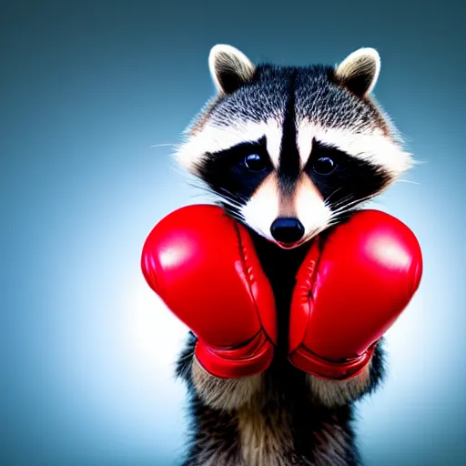 Image similar to cute kawaii raccoon wearing red boxing gloves, radiant light