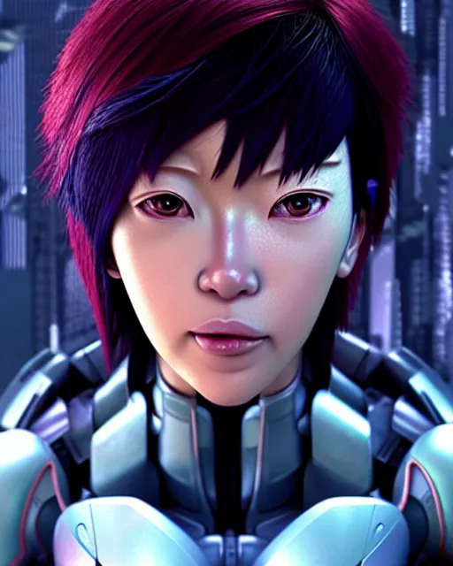 Image similar to weta disney pixar movie still portrait photo of motoko kusanagi ghost in the shell : : as cyborg woman by pixar : : by weta, wlop, ilya kuvshinov, rossdraws, artgerm, marvel, maxim cover, latex, octane render, sweaty, iridescent, bright morning, anime, liosh, mucha : :