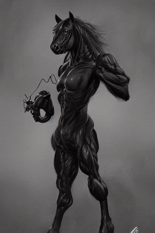 Image similar to an enormously muscular black - coated anthro horse at a research facility wearing skintight body armor, highly detailed, digital painting, artstation, concept art, illustration, art by artgerm, greg rutkowski, wlop