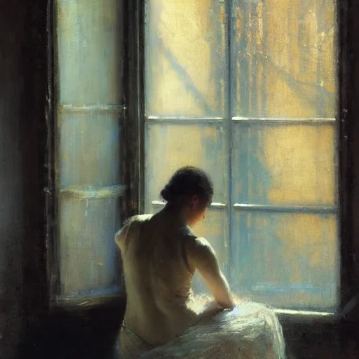 Image similar to portrait of a emotional dancer practicing alone, soft window light, long shadows, by gaston bussiere, jeremy mann.