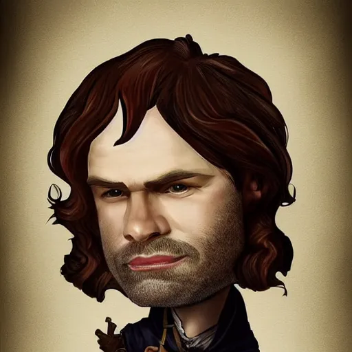 Image similar to Jamie Fraser caricature portrait by Sebastian Krüger anda Bruno Tesse trending on artstation, perfect composition, Scotland background