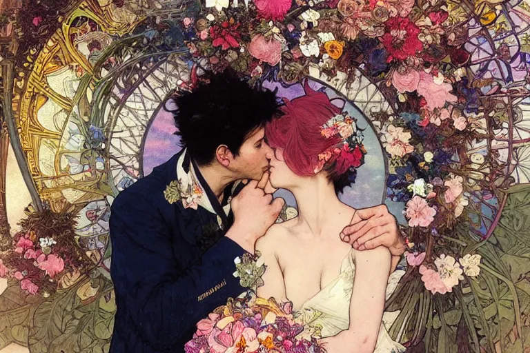 Image similar to the groom kisses the bride at a wedding full of flowers, bright and happy, dreamlike art, highly detail, 4 k realistic, wedding photoy krenz cushart. artem demura. alphonse mucha. yoji shinkawa artgerm. jon lothian. danilo torres. adi meyers. thomas reimann. gaston bussiere.