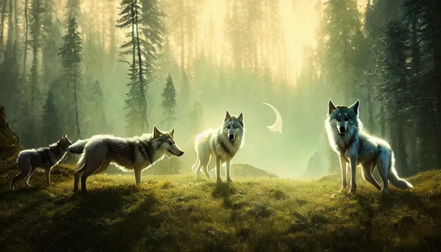 Image similar to dreamy fantasy pack of wolves, bright, white, epic scene, highly detailed, high quality, 8 k, 4 k, octane render, digital painting, alena aenami, lilia alvarado, shinji aramaki, karol bak, alphonse mucha, tom bagshaw