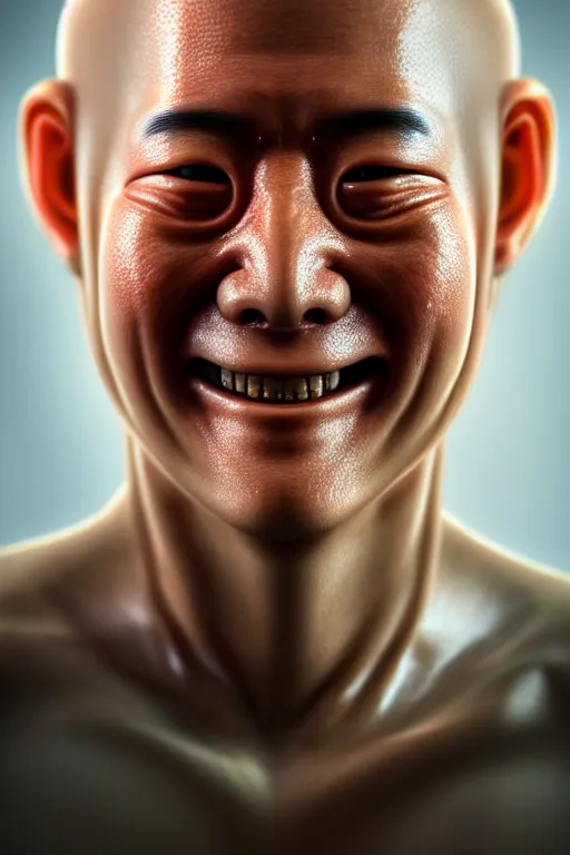 Prompt: hyperrealistic close-up translucent exoskeleton!! smiling chinese man covered highly detailed concept art eric zener elson peter cinematic hard red lighting high angle hd 8k sharp shallow depth of field