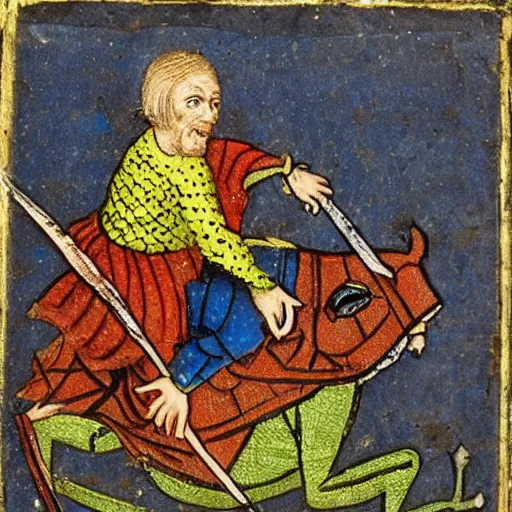 Image similar to knight riding on a frog, medieval painting