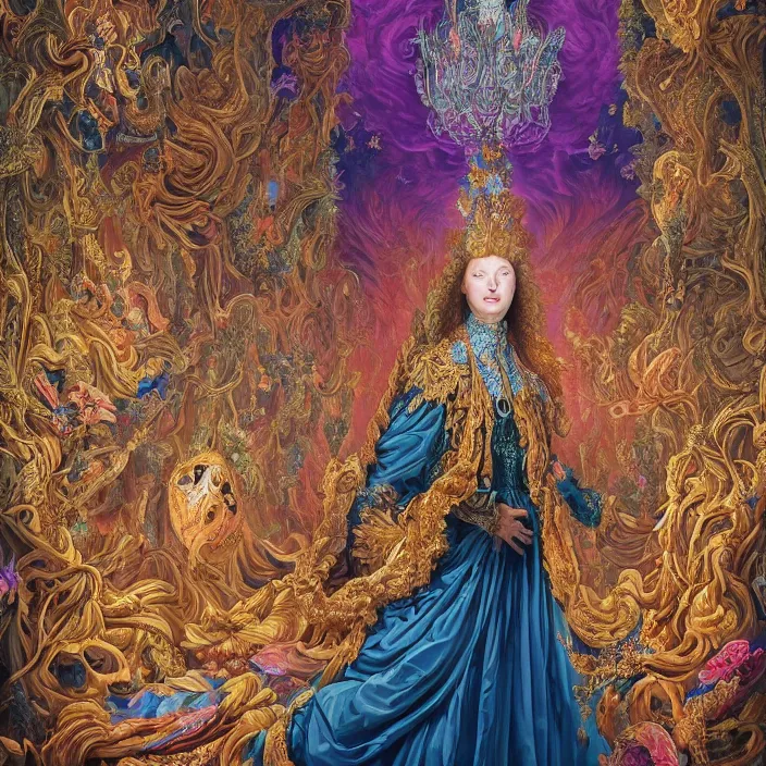 Image similar to beautiful oil painting, full length portrait of dauphinois in baroque coronation robes 1701, Dan Mumford, Dan Mumford, Alex grey, highly detailed , lsd visuals, dmt fractal patterns, hallucinogen, visionary art, psychedelic art, ornate, vaporwave, baroque, Greg rutkowski