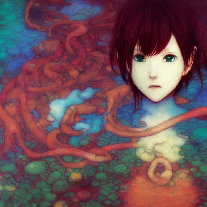 Image similar to mamimi samejima, psychedelic background, female anime character, Lain, uwu, uwu, Luminism Romanticism by John William Waterhouse Beksinski Finnian MacManus Ruan Jia, uwu Hi-Fructose, Artstation, HD, HDR, High Resolution, 1024x1024, technological rings, giygas, demon souls, bloodborne boss