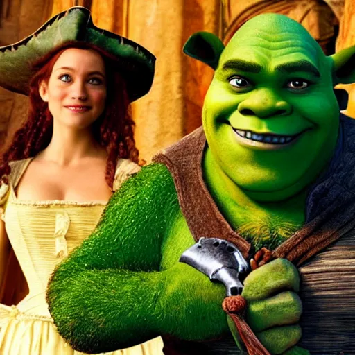 Prompt: promotional image of shrek as a pirate in Pirates of the Caribbean: The Curse of the Black Pearl (2003 film), detailed face, movie still, promotional image, imax 70 mm footage