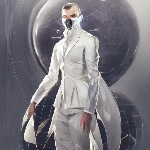 Prompt: full body portrait of a character in sleek clothes, in a futuristic flowing white tailcoat, wearing a white insectoid mask with five round lenses for eyes, many eyes, dramatic lighting, illustration by Greg rutkowski, yoji shinkawa, 4k, digital art, concept art, trending on artstation