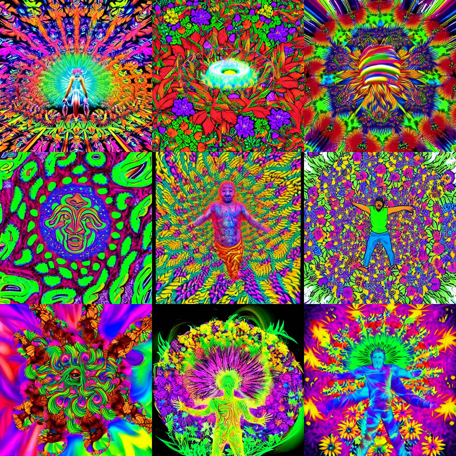 Prompt: god of psychedelics dancing in a vortex made of flowers
