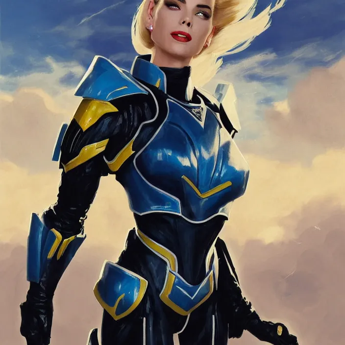 Prompt: A combination of Adriana Dxim's and Grace Kelly's and Ashley Greene's appearances with blonde hair wearing Interceptor's armor from Anthem, countryside, calm, fantasy character portrait, dynamic pose, above view, sunny day, thunder clouds in the sky, artwork by Jeremy Lipkin and Giuseppe Dangelico Pino and Michael Garmash and Rob Rey and Greg Manchess and Huang Guangjian, very coherent asymmetrical artwork, sharp edges, perfect face, simple form, 100mm