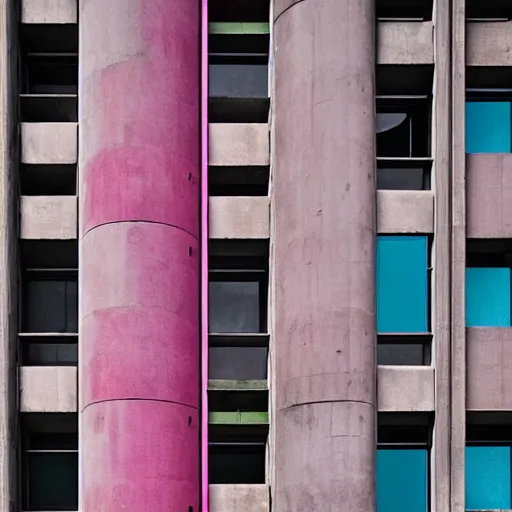 Prompt: a photo of a brutalist building with accents of pink and cyan. dark and moody.