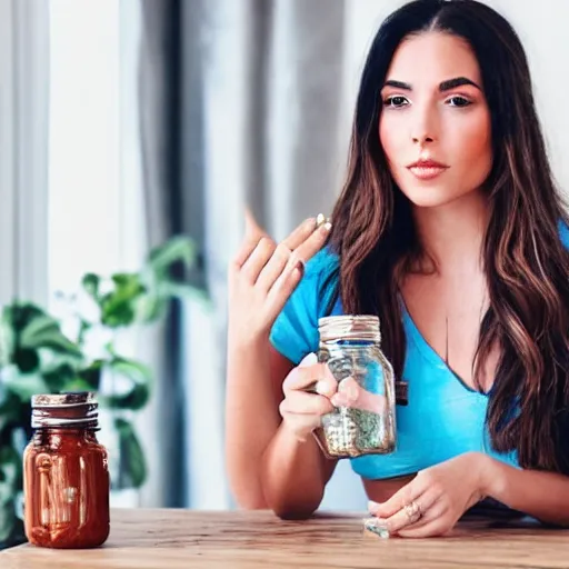 Image similar to extremely beautiful instagram influencer, young woman, desperate to sell her health coaching to an audience, visibly frustrated, snake oil in a jar on a table