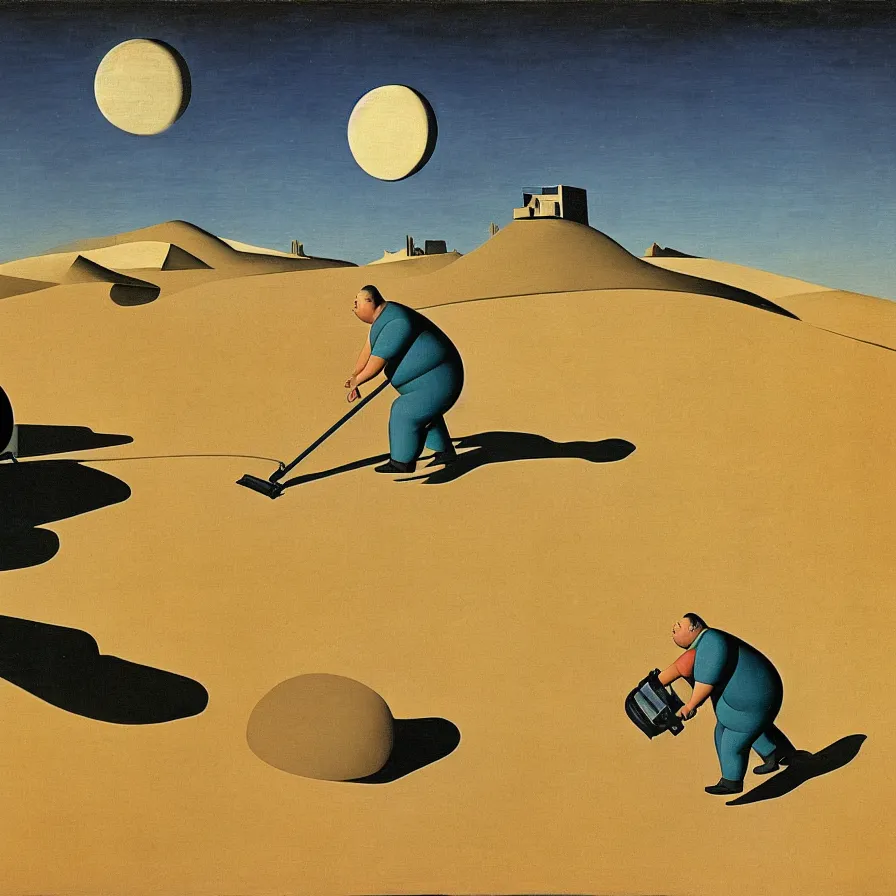 Image similar to a fat man pushing a vacuum cleaner through the desert . It's night time and there is a full moon. In the background we see hills. surrealist painting , Giorgio de Chirico
