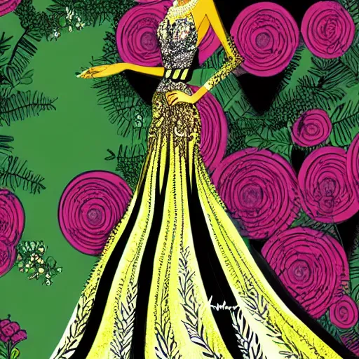 Prompt: zuhair murad dress fashion illustration by eko nugroho, jungle background, fine detail