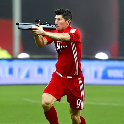 Prompt: robert lewandowski with a gun, shooting at policemen