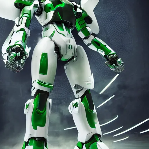 Image similar to saudi futuristic warrior mecha, green and white , full body mecha suit, epic urban battle from space, Murata Yasushi Nirasawa Style, beautiful aesthetic, photorealistic, volumetric lighting, hyperrealistic, octane render, HDR, Production IG Studios, marvel comics