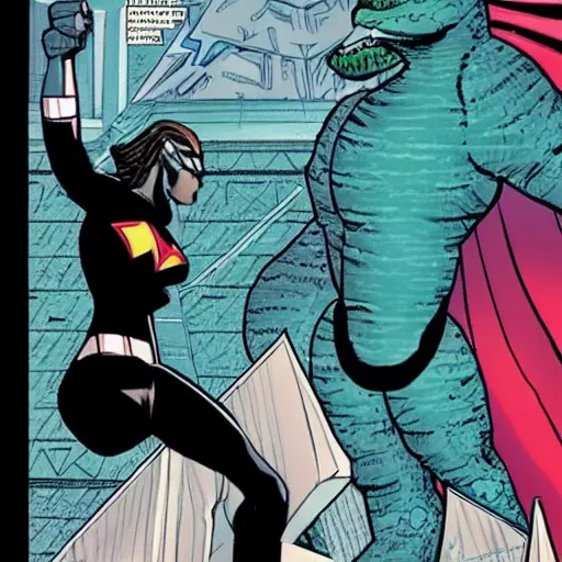 Prompt: superheroine is fighting godzilla, intricate graphical novel, very detailed, award worthy