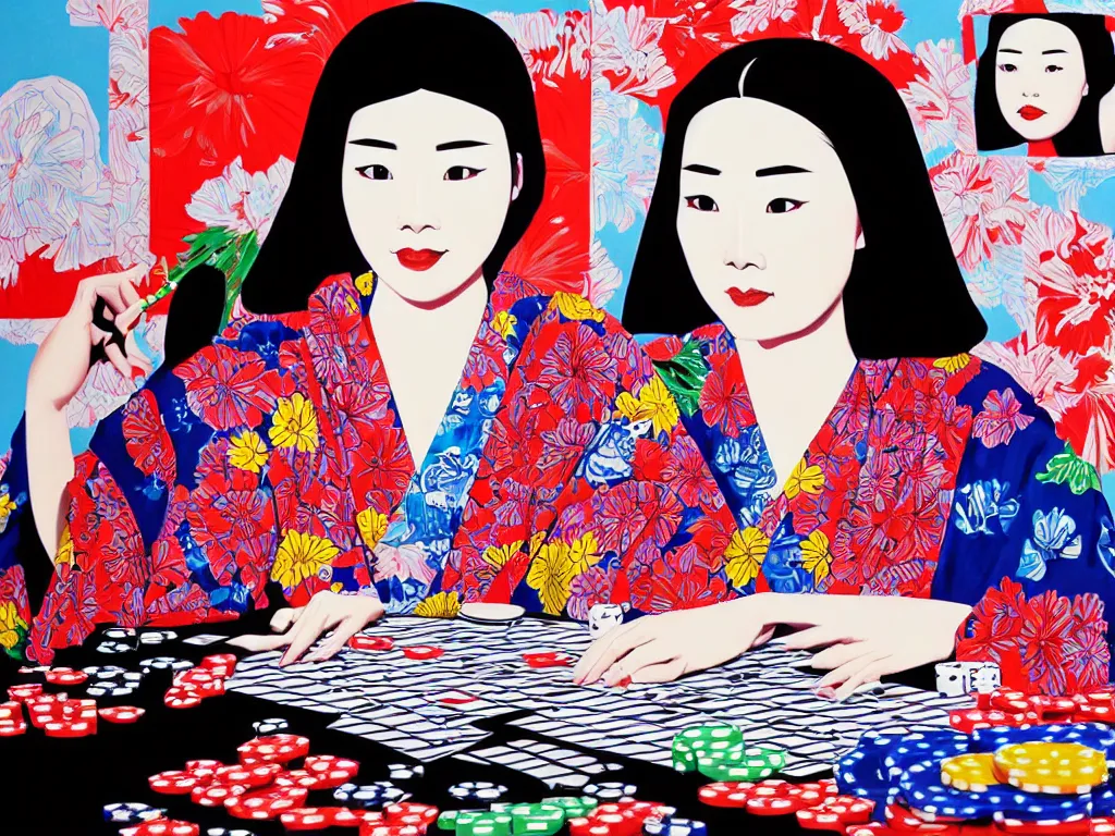 Image similar to hyperrealistim composition of the detailed single woman in a japanese kimono sitting at a extremely detailed poker table with hyperdetailed darth vader, fireworks, mountain fuji on the background, pop - art style, jacky tsai style, andy warhol style, acrylic on canvas