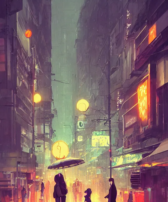 Image similar to street from paris or neo tokyo , humid ground, people and creatures walking holding neon ombrellas, volumetric light, bokeh light from top, science fiction elements like droids or big computer screens, brutalist architecture, rainy mood, artstation, art pascal campion