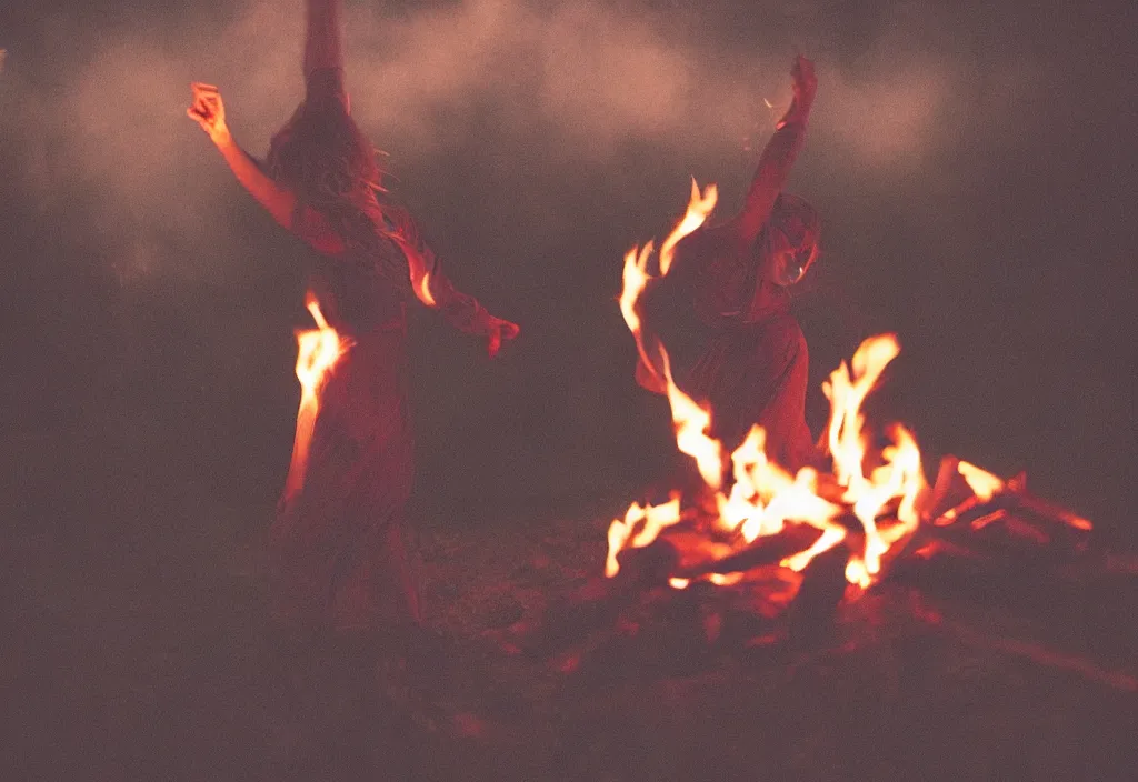 Prompt: lomo photo of young woman dancing and writhing in ecstasy around a fire as the dark ritual begins, cinestill, bokeh, out of focus