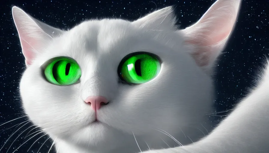 Image similar to white cat with green eyes, moon, snow, shiny, hyperdetailed, artstation, cgsociety, 8 k