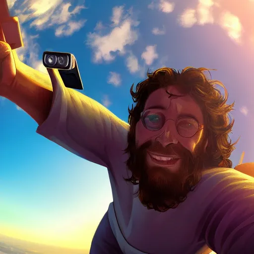 Image similar to a macro portrait of Jesus taking a selfie while skydiving, hyperdetailed, artstation, 8k,