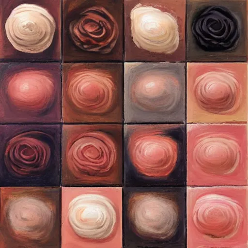 Prompt: painting, rose ebony, old rose, tumbleweed, light salmon, macaroni and cheese color palette