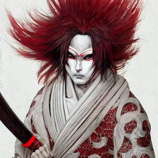 Image similar to an epic portrait of insane kabuki male wielding a spear, magical aura of insanity, intricate hakama, poofy red wig, eerie, highly detailed, dark fantasy, art by artgerm and greg rutkowski