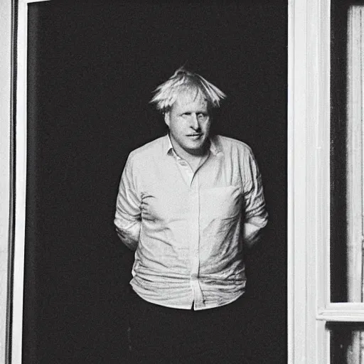 Image similar to grainy telephoto shot through a window at night of Boris Johnson standing in a kitchen and holding a bottle of beer