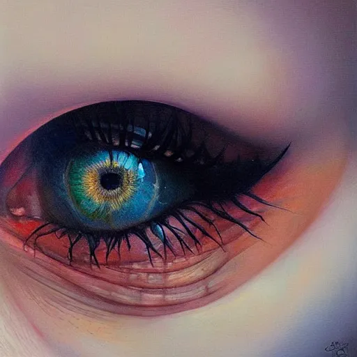 Prompt: her eyes reflect the source code of my soul, oil on canvas portrait by james jean and esao andrews