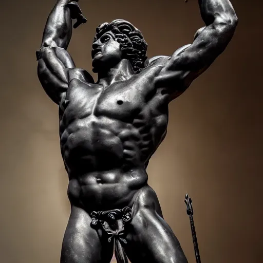 Prompt: a realistic greek black marble statue of hercules as zeus wearing a armour and brandishing a spear, displayed in a museum art gallery, moody, dramatic lighting, dark, photorealistic, cinematic scene, super detailed, hyper realistic, bright lights, 8 k