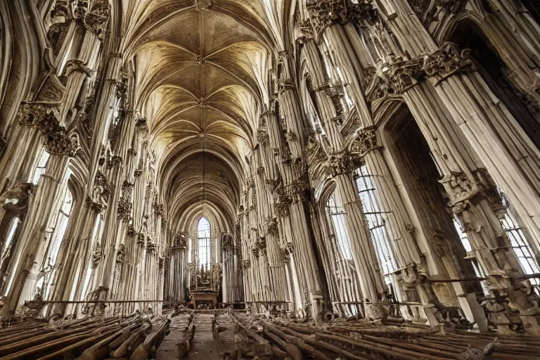 Prompt: a wide angle shot of a cathedral interior made of bones in the style of sedlec ossuary,