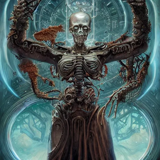 Image similar to A beautiful detailed cyborg tarot card, by tomasz alen kopera and Justin Gerard, symmetrical features, ominous, magical realism, texture, intricate, ornate, royally decorated, mechanic, skeleton, whirling smoke, embers, red adornements, blue torn fabric, radiant colors, fantasy, trending on artstation, volumetric lighting, micro details, 3d sculpture, ray tracing, 8k, anaglyph effect, digital art