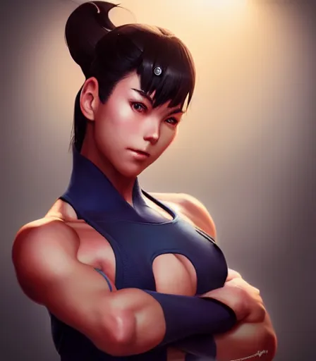 Image similar to beautiful portrait of a gorgeous personal trainer who looks like Chun Li , character design by charlie bowater, ross tran, artgerm, and makoto shinkai, detailed, soft lighting, rendered in octane