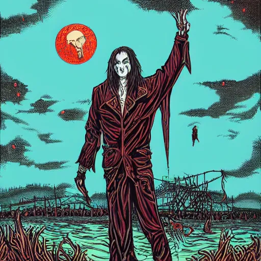 Prompt: vampire Mortiis floating in the air, sunset by Dan Mumford. Wearing leather and spikes