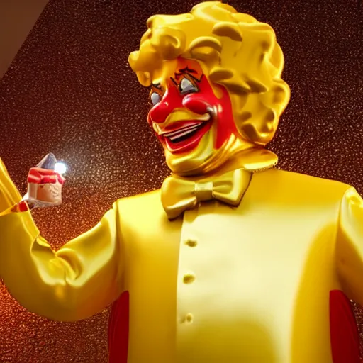 Image similar to A still of Ronald McDonald surrounded by gold and diamonds, Award-winning, photograph, 3d render, unreal engine, 4k detailed