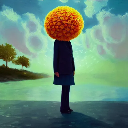 Image similar to giant daisy flower head, frontal, girl in a suit, surreal photography, sunrise, dramatic light, impressionist painting, digital painting, artstation, simon stalenhag