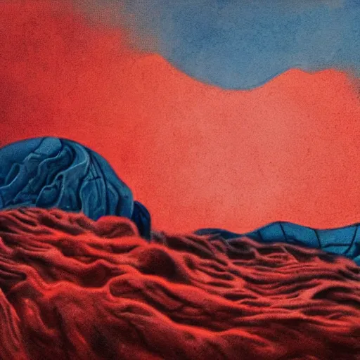 Image similar to horrific painting of an ice floe meeting magma!!!!!! in the middle, in the style of vintage photography, textured, skewed perspective, last photo ever taken, apocalyptic event, red color palette on left side and blue color palette on right side