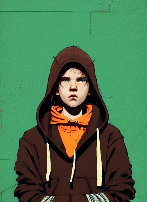 Image similar to highly detailed portrait of a sewer style seattle student, tartan hoody, by atey ghailan, by greg rutkowski, by greg tocchini, by james gilleard, by joe fenton, by kaethe butcher, gradient green, brown, blonde crea, orange, brown and white color scheme, grunge aesthetic!!! ( ( graffiti tag wall background ) )