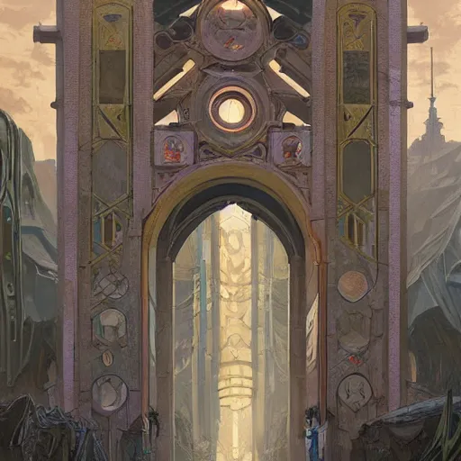 Image similar to immense art deco archway leading into byzantine arcology with studio ghibli wooden homeless medieval Hong Kong built into it, science fiction concept art by greg rutkowski and wayne barlowe and alphonse mucha