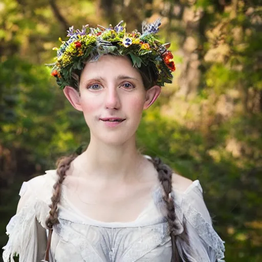 Image similar to portrait, stunning ethereal half - elf adventurer, made of sunlight and moonbeams, gently smiling with a crown of flowers, realistic, award - winning photography, glowing