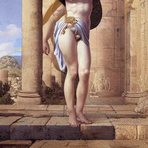 Image similar to young ancient greek godess in helmet, ancient greek temple, by David Ligare, wide angle scifi landscape, hyperrealistic surrealism, award winning masterpiece with incredible details, epic stunning, infinity pool, a surreal vaporwave liminal space, highly detailed, trending on ArtStation, artgerm and greg rutkowski and alphonse mucha, daily deviation, IAMAG, broken giant marble head statue ruins, golden hour