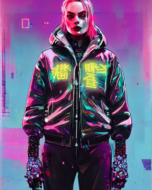 Image similar to neon operator margot robbie, cyberpunk futuristic neon, reflective puffy jacket, decorated with traditional japanese ornaments by ismail inceoglu dragan bibin hans thoma greg rutkowski alexandros pyromallis nekro rene maritte illustrated, perfect face, fine details, realistic shaded, fine - face, pretty face