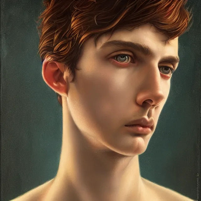 Image similar to a portrait of an intense young man with short brown hair and empathic eyes, art by tom bagshaw and manuel sanjulian