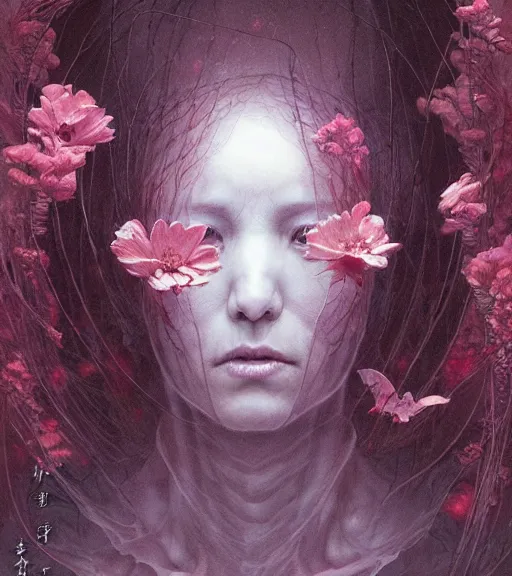 Image similar to portrait, descending into madness, flowers by wayne barlowe, toru kamei, artgerm and greg rutkowski, tanaka suguru, itsuko azuma, kinuko y. craft, mysterious, aesthetic!!! hyper detailed