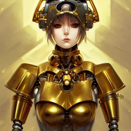 Image similar to anime girl robot warhammer 4 0 k emperor, gold, portrait, intricate, elegant, highly detailed, digital painting, artstation, concept art, wallpaper, smooth, sharp focus, illustration, art by h. r. giger and artgerm and greg rutkowski and alphonse mucha