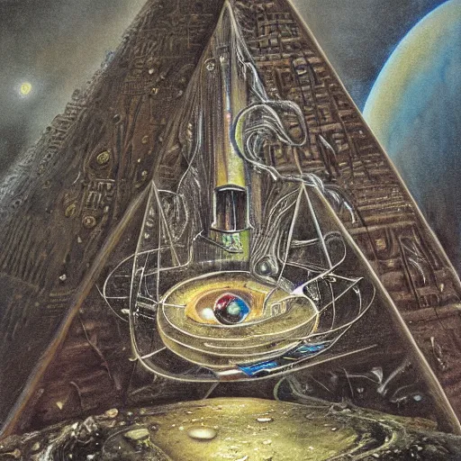Image similar to rotten moon, airbrush, watercolor, dripping paint, dichromatism, extradimensional, hyperpyramid, klein bottle, by h. r. giger, by john constable, by laurie lipton, by tony diterlizzi, by wlop